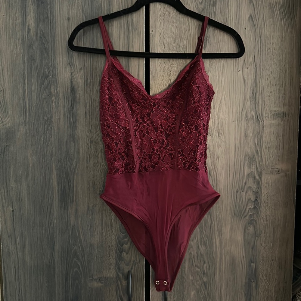 Sparkly Burgundy Lace Bodysuit from New Look